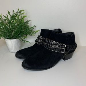 Sam Edelman black suede leather ankle booties with woven chain detail on upper